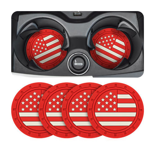 Car Cup Holder Coasters, 4 Pack American Flag Insert Car Cup Coaster, 2.75 Inch PVC Anti Slip Shockproof Embedded Drink Mat, Car Interior Decoration Accessories for SUV, Truck (Red)