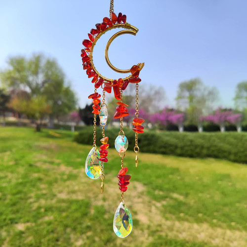 Crystal Rainbow Suncatcher with Moon Shaped Amethyst Stones, Crystal Sun Catchers Window Prism Crystals Catcher Wind Chimes for Window Garden Tree Decorations Indoor Outdoor-Red Glaze