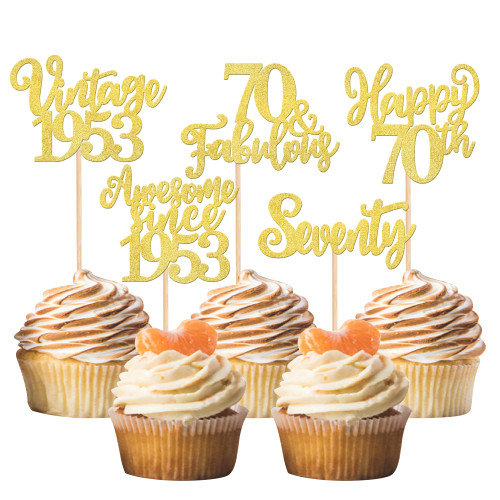 30 PCS Happy 70th Birthday Cupcake Toppers Glitter Seventy 70 Fabulous Vintage 1953 Cupcake Picks for Cheers to 70th Birthday Anniversary Party Cake Decorations Supplies Gold