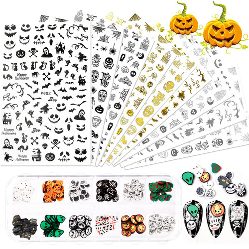 Halloween Nail Art Stickers, 9 Sheets Cute Pumpkin Ghost 3D Self-Adhesive Nail Decals Spider Skull Witch Bat Nail Decorations & 1 Box Nail Slices for Women Girls DIY Manicure Supplies