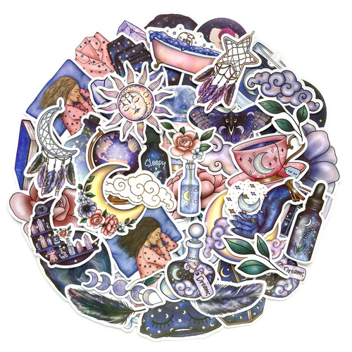 Yoksas Magic Moon Stars Astrology Stickers - 50Pcs Waterproof Vinyl Midnight Fantasy Aesthetic Celestial Witch Stickers for Water Bottles,Laptops,Scrapbooks,Planner,Journaling