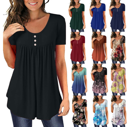 Women's Tie Dye Print Button Up Henley Shirts Short Sleeve Tops Casual Loose Fit Tunics Flowy Blouses Graphic Tees