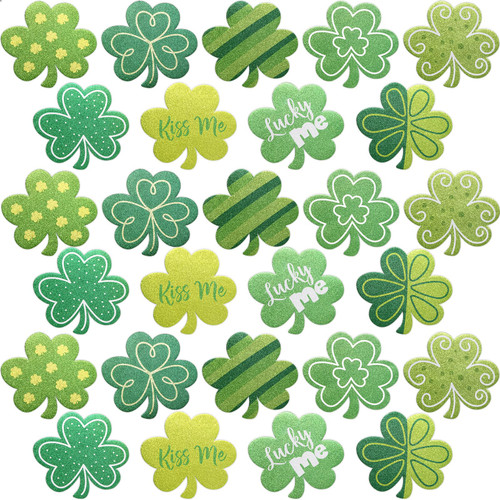 St. Patrick's Day Glitter Shamrocks Cutout Stickers 27PCS Clover Foam Sticker for Irish St Patrick's Day Party Decorations