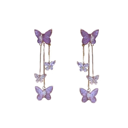Sparkling Purple Butterfly Tassel Zircon Earrings Crystal Rhinestone Drop Earrings Long Butterfly Dangle Earrings Wedding Jewelry Gifts for Women Girls