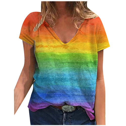 Women Casual Loose Short Sleeve Tshirts Summer Tie Dye Rainbow Gradient Tee Tops V Neck Vintage Print Comfy Blouse