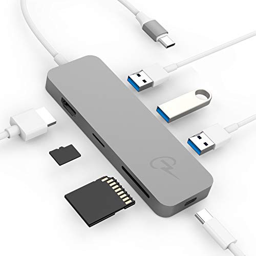 CharJenPro USB C Hub, 7-in-1 USB-C Hub with HDMI 4K, SD, MicroSD, 3 USB 3.0, USBC PD for MacBook Pro 2019/2018-2016, iPad Pro 2019/2018 (Type C Hub, USBC Hub, USB Type C Hub, USB C Hub HDMI)