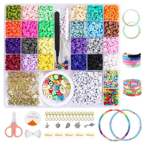 6500Pcs Clay Beads for Bracelet Making, 24 Colors Flat Round Polymer Clay Heishi Beads for Friendship Jewelry Making kit, with Charms for Bracelets Necklace, Craft Gifts for Teenage Girls.