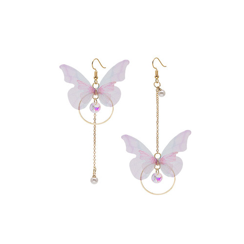Butterfly Earrings Long Butterfly Chain Tassel Drop Dangle Earrings Asymmetric Butterfly Circle Pearl Earrings Colored Tulle Butterfly Wings Earrings for Women Girls (A)