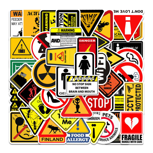 Warning Signs Stickers [50pcs] Bans Cautions Directions Stickers for Boys/Teens/Adults,Vinyl Stickers for Helmet Water Bottle Laptop Phone Skateboard Travel Suitcase... (Warning Signs)
