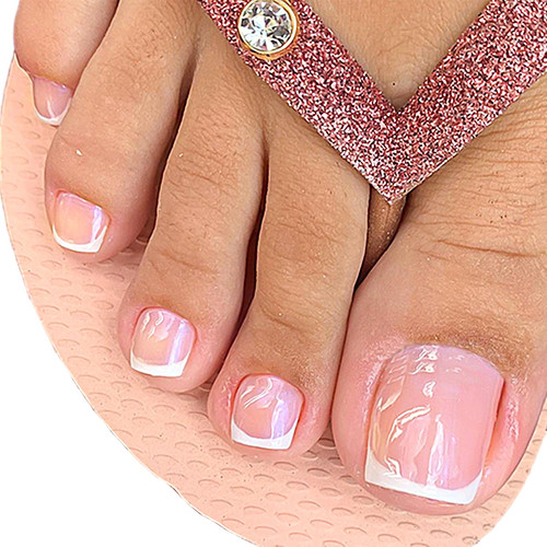 French Tips Toe Nails Press on White Square Press on Toenails Full Cover Glue on Toe Nails Nude Pink Toe Nails Fake Nails Summer False Toe Static Nails for Women 24pcs