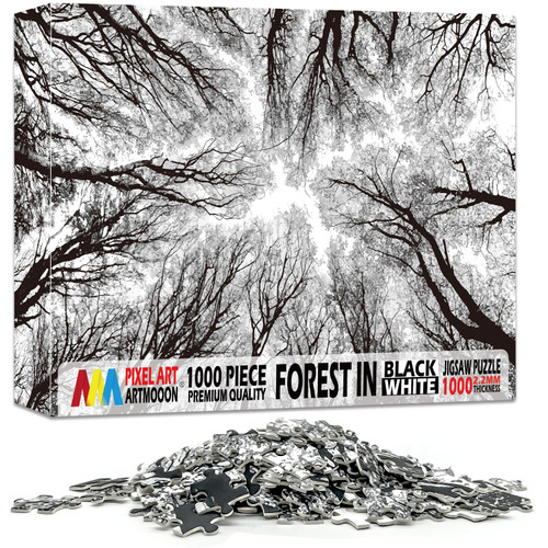 Puzzles for Adults 1000 Piece Easter Jigsaw Puzzle Forest in Black and White 1000 Pieces Creative Black and White Nature Scenery Hard Puzzle White Board Intermediate Level Jigsaw Puzzle(Pixel Forest)