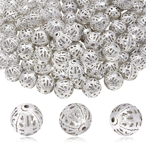 TOAOB 100pcs 10mm Silver Plated Filigree Hollow Ball Beads Round Metal Loose Spacer Beads for DIY Crafts Bracelets Necklaces Earrings Jewelry Making