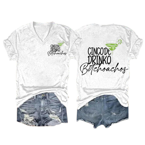 Cinco De Mayo Shirt for Women Cinco De Drinko Shirt Women Mexican Funny Print Casual V Neck Short Sleeve Graphic Tee White