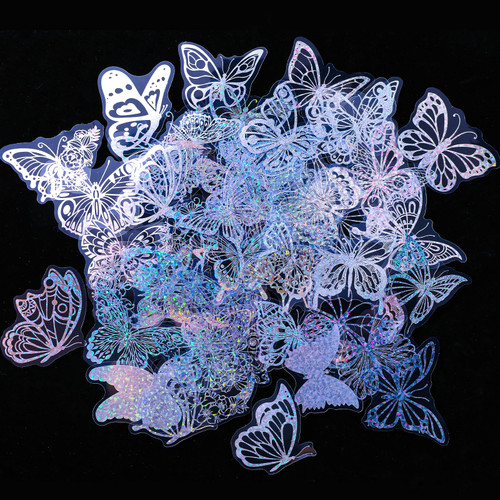100Pcs Holographic Glitter Butterfly Stickers, Waterproof Transparent Vintage Butterfly Decals, PET Adhesive Decorative Sticker Label for Scrapbooking Journal Daily Planner Water Bottles Laptops