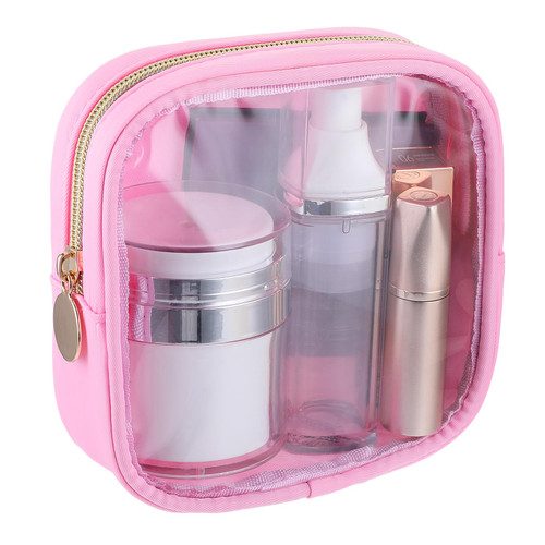 Small Clear Makeup Bags with Zipper, Cute Waterproof Cosmetic Bag Travel Toiletry Bag PVC Transparent Makeup Organizer Bag Coin Purse Mini Makeup Bag Nylon Travel Pouch for Women(Pink)