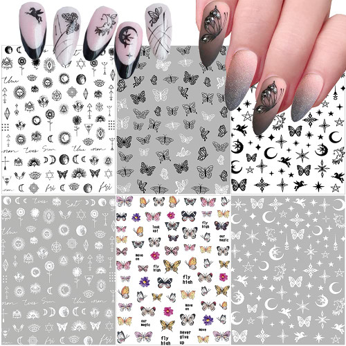 Butterfly Flower Nail Stickers 3D Self-Adhesive Nail Art Supplies Decals Black White Star Moon Butterflies Flowers Designs Sticker for Women Acrylic Nails Decorations Fashion DIY Manicure Tips 6Sheets Butterfly Flower Nail Stickers 3D Self-Adhesive Nail Art Supplies Decals Black White Star Moon Butterflies Flowers Designs Sticker for Women Acrylic Nails Decorations Fashion DIY Manicure Tips 6Sheets