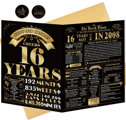 16th Birthday Card for Boys Girls, 16th Birthday Decor Gift, Ideal Birthday Card Gift For 16 Years Old Son Daughter Grandson Granddaughter, Jumbo Sixteen Birthday Decoration, Black Gold