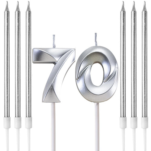 70th Birthday Candles, Number Candle for Cake Birthday Candle Silver Number 70 3D Designed Wedding Anniversary Party Cake Decorations, 6-Count Silver Long Thin Birthday Candles, Unscented