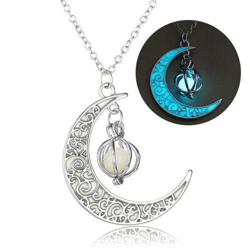 Glow in The Dark Silver Crescent Moon and Orb Necklace - Glowing Blue Moon Charm - Magical Fantasy Fairy Glowing Necklace - Glow Jewelry (blue-green)