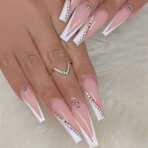 French Tip Press on Nails Pink Fake Nails Medium False Nails with Rhinestone Designs Coffin Glue on Nails Cute Stick on Nails White Tip Acrylic Nails Full Cover Glossy Artificial Nails