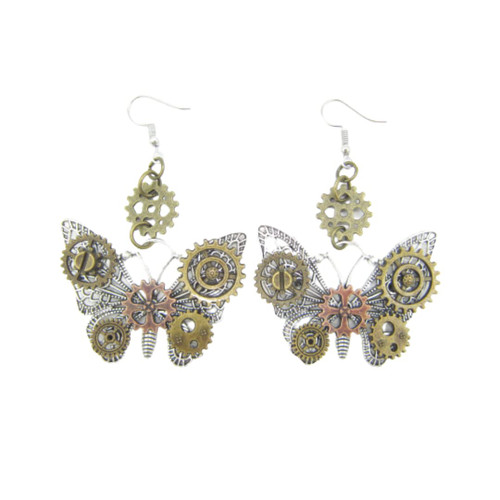 Vintage Steampunk Gear Drop Dangle Earrings for Women Girls Handmade Retro Clock Gear Dragonfly Antique Mix-tone Bronze Earrings Jewelry-D