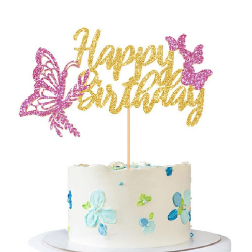 Gold Happy Birthday Cake Topper, Butterfly Birthday Cake Toppers, Happy Birthday Cake Decoration, Birthday Cake Toppers for Women, Butterfly Birthday Cake Decoration for Party Decoration (Pink Purple)