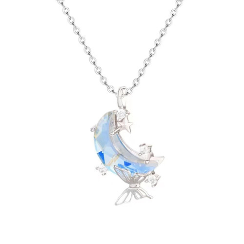 Crescent Moon Star Necklace for Women 18K Gold Moonstone Star Moon Pendant Necklace Dainty CZ Zircon Butterfly Necklace Anniversary Birthday Jewelry Gift for Women Teen Girls