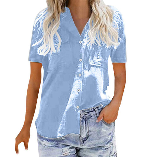 Womens Tops, Womens Loose Button Short Sleeve Shirt Cotton Ladies Casual Tops T-Shirt BlouseWomens Loose Blouse Short Sleeve V Neck Button Down T Shirts Tie Front Knot Casual Tops