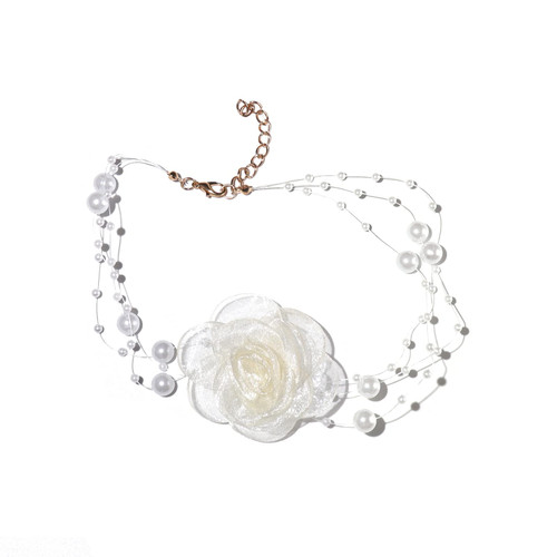 Vintage Camellia Flower Choker Necklace Pearl Lace Flower Tie Cravat Necklace Bride Wedding Party Summer Necklaces for Women Teens Girls-B Beige