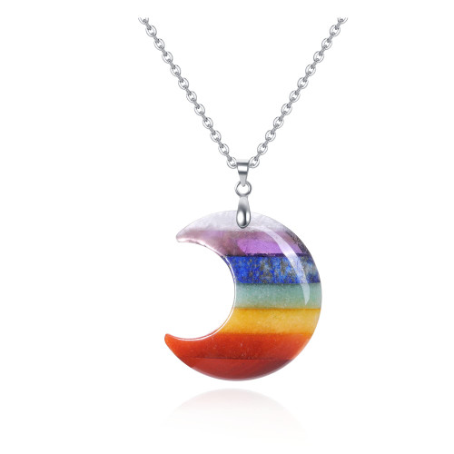 Chakra Healing Crystal Necklace for Women Moon Natural Quartz Crystal Stone Pendant Necklace Chakra Gemstone Necklace Jewelry Valentines Gift for Her Girlfriend Wife