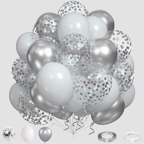 Silver Balloons, 62 Pieces Metallic Silver and White Balloons, 12 Inch Silver Confetti Balloons, Silver Metallic Chrome Confetti White Balloons for Birthday Wedding Wedding Baby Shower Party Decor