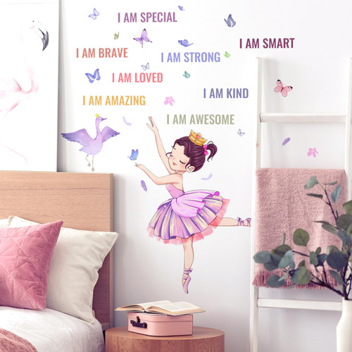 Dancing Black Girls wtih Butterflies Swan and Stars Wall Decals Nursery Preschool Wall Stickers for Kid Baby Girl Removable Peel and Stick Waterproof Wall Art Decor for Living Room Bedroom Bathroom