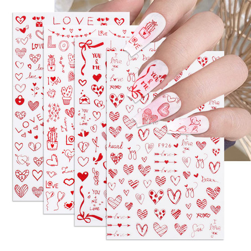 Valentines Nail Art Stickers Red Heart Nail Decals 3D Self Adhesive Love Letter Nail Stickers for Women Girls DIY Nail Decoration 4Sheets