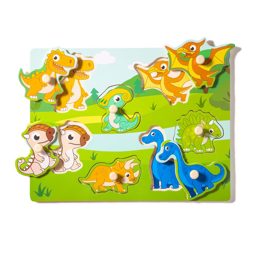 Wooden Puzzles for Toddlers 1-3, 6 Pack Peg Puzzles with Wire Puzzle Holder Rack for Kids (Dinosaurs Animals)
