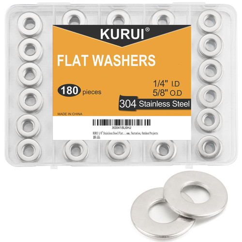 1/4" Stainless Steel Flat washers, (180 Pcs) Metal Washers for Screws Bolts, 5/8" OD 18-8 (304) Washer for Various Home, Factories, Outdoor Projects - SAE