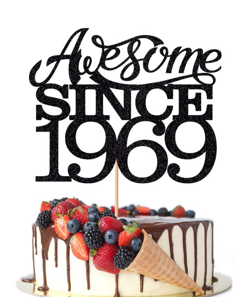 Awesome Since 1969 Cake Topper,Hello 55, Happy 55th Birthday Cake Topper, Fabulous 55 men and women Party Decoration Supplies?Handmade Black Glitter Cake Decoration(1969)