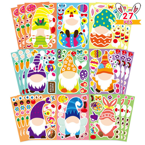 27 Sheets Easter Stickers for Kids, Easter Theme Gnome Make-a-face Stickers, Make Your Own Easter Stickers Easter Craft Party Favor Decorations