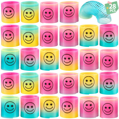 28PCS Rainbow Springs Party Favors for Kids, Smile Face Plastic Coil Spring Toys for Carnival Prizes Birthday,Mini Springs Bulk Toys for Goodie Bags Stuffers Carnival Prizes,Classroom Prizes Gifts