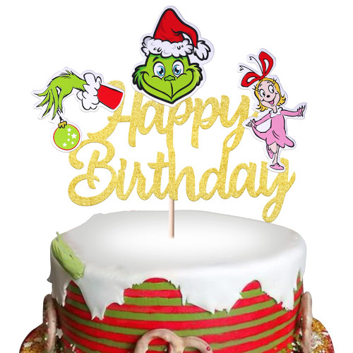 1 Pack Grinches Happy Birthday Cake Topper Merry Christmas Happy Birthday Cupcake Picks for Theme Grinches Christmas Theme Birthday Baby Shower Christmas Party Cake Decorations Gold