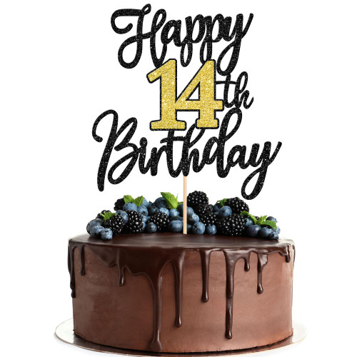 1 PCS Happy 14th Birthday Cake Topper Black Gold Glitter Cheers to 14 Years Birthday Cake Pick 14 Fabulous Cake Decoration for Happy 14th Birthday Anniversary Party Decorations Supplies