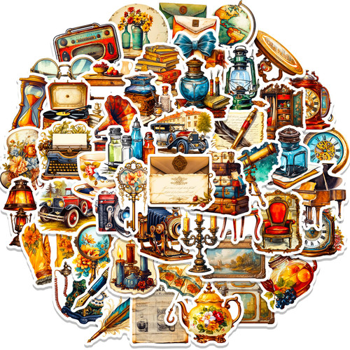 50Pcs Vintage Stickers Pack Waterproof Aesthetic Stickers for Water Bottle, Laptop, Skateboard, Luggage, Bicycle, Notebooks, Scrapbooking, Retro Anime Decals for Women