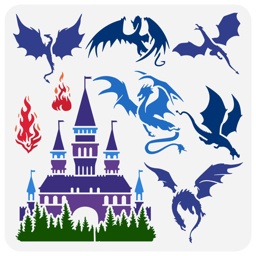 Dragons Stencil 11.8x11.8 inch Castle Painting Stencil Plastic Western Dragon Fire Castle Patterns Stencil Template Reusable DIY Art and Craft Pterosaur Stencil for Home Wall Decor