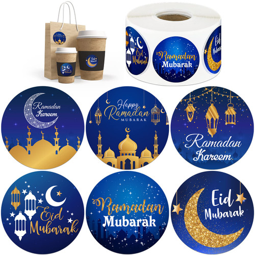 600 Pieces Ramadan Stickers Eid Mubarak Stickers Ramadan Kareem Stickers Ramadan Kareem Labels for Eid Party Decorations Ramadan Party Supplies (Blue, Gold,Vivid Style)