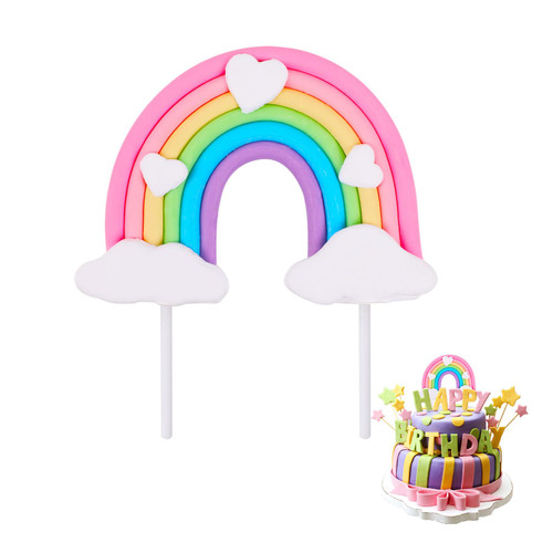 Rainbow Cake Topper, Cute Colorful Cloud and Heart Rainbow Cake Decoration Natural Sky Theme Party Decorations Soft Pottery Cake Decoration Supplies for Boys Girls Happy Birthday Party Wedding