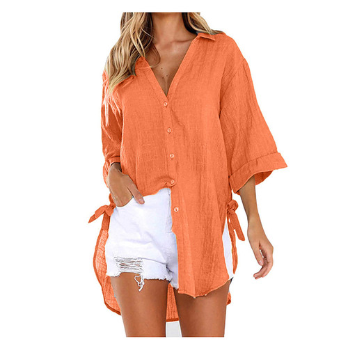 Women's Oversized Button Down Shirts Collared Button Up Shirt Blouse Top Orange