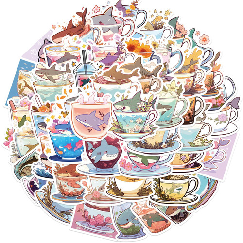 50Pcs Shark Stickers Pack for Water Bottle, Funny Shark Cup Sticker Decals for Hydro Flask Laptop Skateboard Computer Scrapbooking Journal Luggage, Waterproof Vinyl Kawaii Anime Stickers