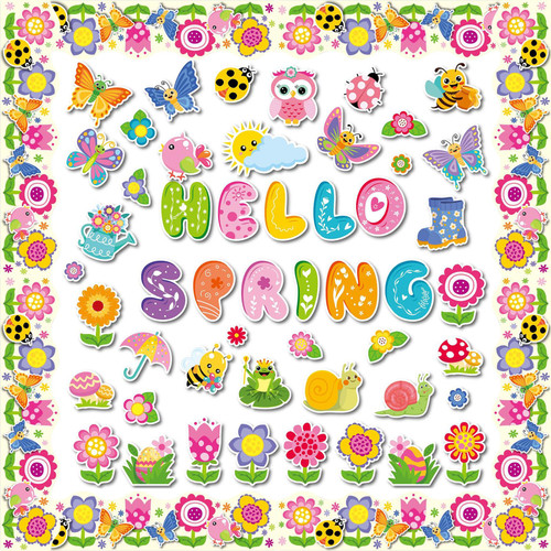 Hello Spring Bulletin Board Decorations 70 Pcs Spring Flowers Butterfly Bird Cutouts Classroom Bulletin Board Decor Spring Classroom School Game Home Holiday Bulletin Board Decor