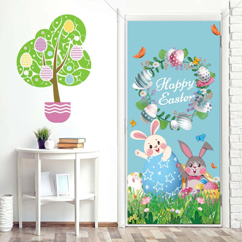 Spring Happy Easter Bunny Egg Flower Decor Door Banners Outdoor & Indoor Yard Fence Garden Sign Hanging Door Banner Kids Holiday Yard Home Easter Decor Banner 72.8x35.4Inch