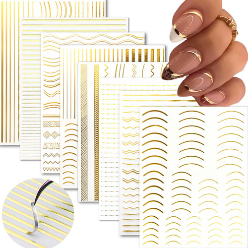 8 Sheets Gold Line Nail Stickers Decals 3D Self Adhesive Nail Decals French Nail Art Stickers for DIY Acrylic Nails Gold Wave Stripe Nail Supplies Accessories for Women and Girls 8 Sheets Gold Line Nail Stickers Decals 3D Self Adhesive Nail Decals French Nail Art Stickers for DIY Acrylic Nails Gold Wave Stripe Nail Supplies Accessories for Women and Girls