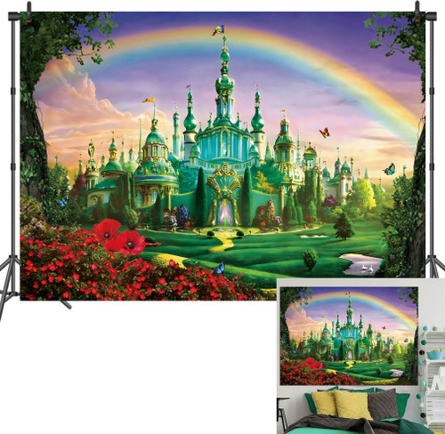 7x5FT Emerald Castle Backdrop Green Castle Yellow Brick Road Red Poppy Field Party Background Girls Princess Baby Birthday Party Banner Children's Portrait Photography